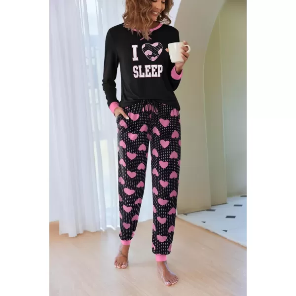 imageEkouaer Pajamas Set for Women Long Sleeve Crew Neck Comfy Pjs Lounge Sets With PocketsBlack Love Heart