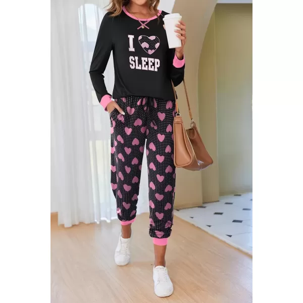 imageEkouaer Pajamas Set for Women Long Sleeve Crew Neck Comfy Pjs Lounge Sets With PocketsBlack Love Heart