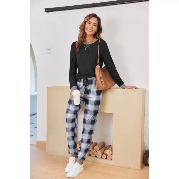 imageEkouaer Pajamas Set for Women Long Sleeve Crew Neck Comfy Pjs Lounge Sets With PocketsBlack and White Plaid