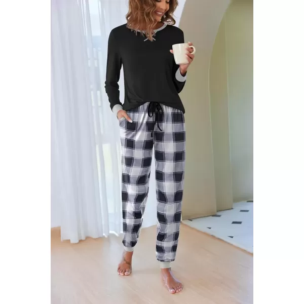 imageEkouaer Pajamas Set for Women Long Sleeve Crew Neck Comfy Pjs Lounge Sets With PocketsBlack and White Plaid