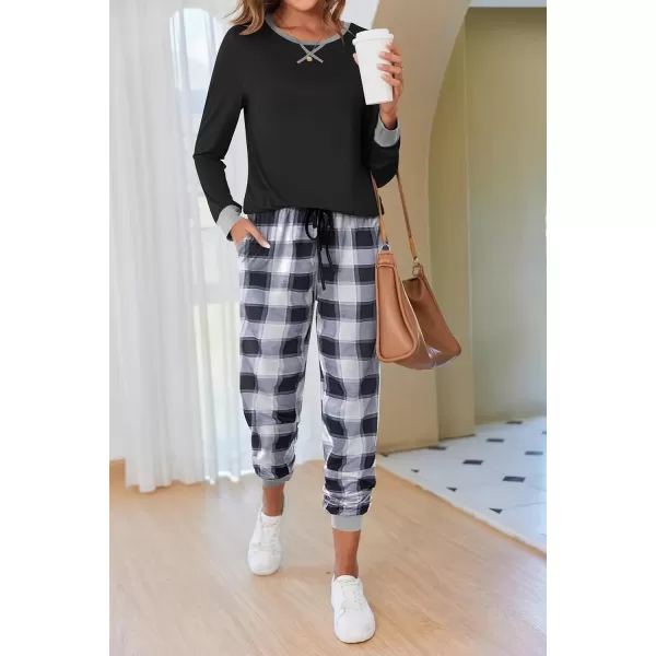 imageEkouaer Pajamas Set for Women Long Sleeve Crew Neck Comfy Pjs Lounge Sets With PocketsBlack and White Plaid