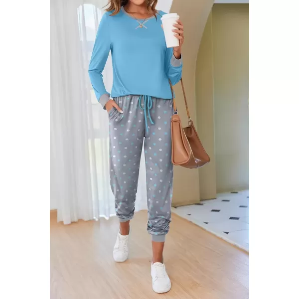 imageEkouaer Pajamas Set for Women Long Sleeve Crew Neck Comfy Pjs Lounge Sets With PocketsBlue Polka Dots