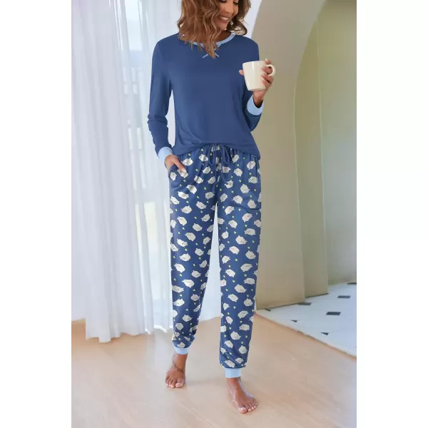 imageEkouaer Pajamas Set for Women Long Sleeve Crew Neck Comfy Pjs Lounge Sets With PocketsBlue Sheep