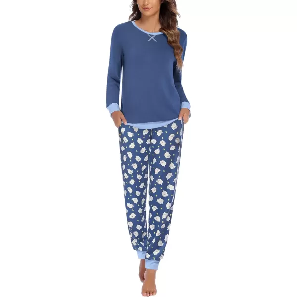 imageEkouaer Pajamas Set for Women Long Sleeve Crew Neck Comfy Pjs Lounge Sets With PocketsBlue Sheep