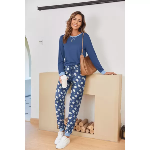 imageEkouaer Pajamas Set for Women Long Sleeve Crew Neck Comfy Pjs Lounge Sets With PocketsBlue Sheep
