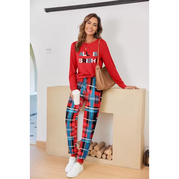 imageEkouaer Pajamas Set for Women Long Sleeve Crew Neck Comfy Pjs Lounge Sets With PocketsChristmas Red Plaid