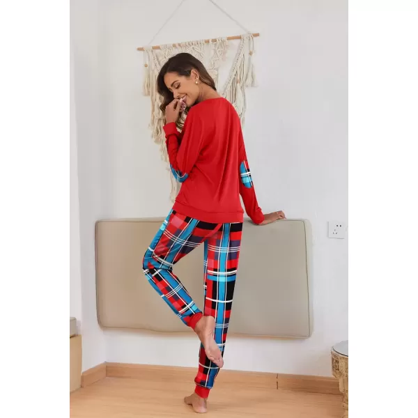 imageEkouaer Pajamas Set for Women Long Sleeve Crew Neck Comfy Pjs Lounge Sets With PocketsChristmas Red Plaid