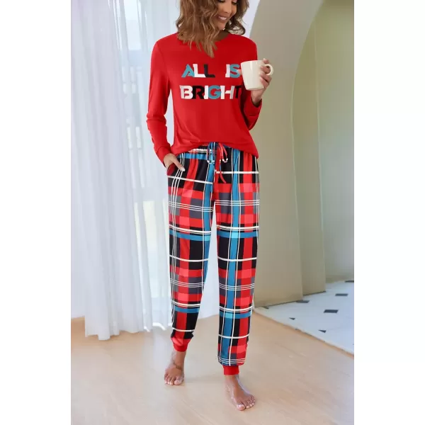 imageEkouaer Pajamas Set for Women Long Sleeve Crew Neck Comfy Pjs Lounge Sets With PocketsChristmas Red Plaid