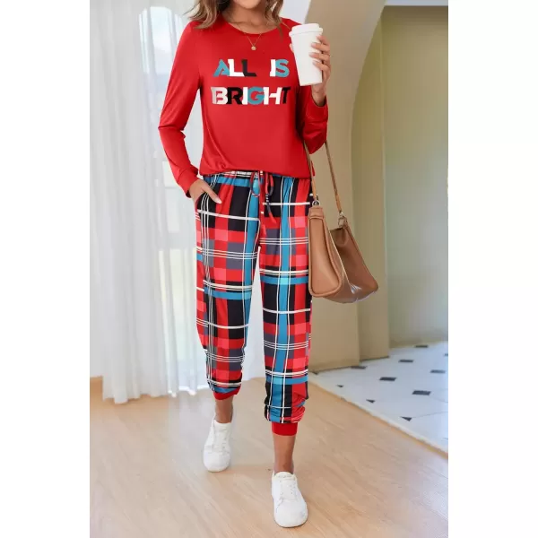 imageEkouaer Pajamas Set for Women Long Sleeve Crew Neck Comfy Pjs Lounge Sets With PocketsChristmas Red Plaid