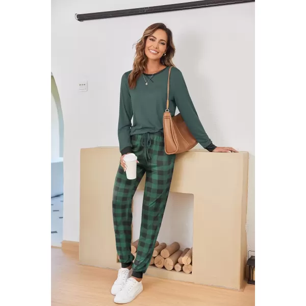 imageEkouaer Pajamas Set for Women Long Sleeve Crew Neck Comfy Pjs Lounge Sets With PocketsGreen Plaid