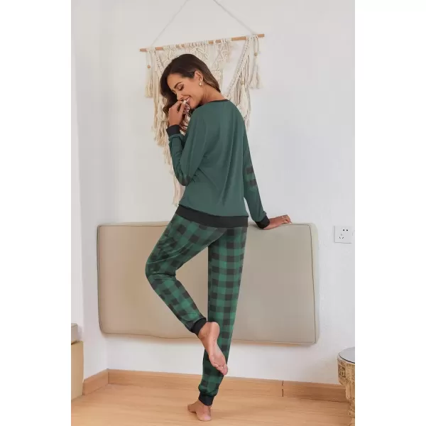imageEkouaer Pajamas Set for Women Long Sleeve Crew Neck Comfy Pjs Lounge Sets With PocketsGreen Plaid
