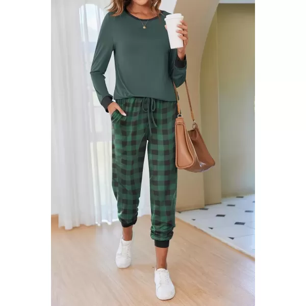 imageEkouaer Pajamas Set for Women Long Sleeve Crew Neck Comfy Pjs Lounge Sets With PocketsGreen Plaid