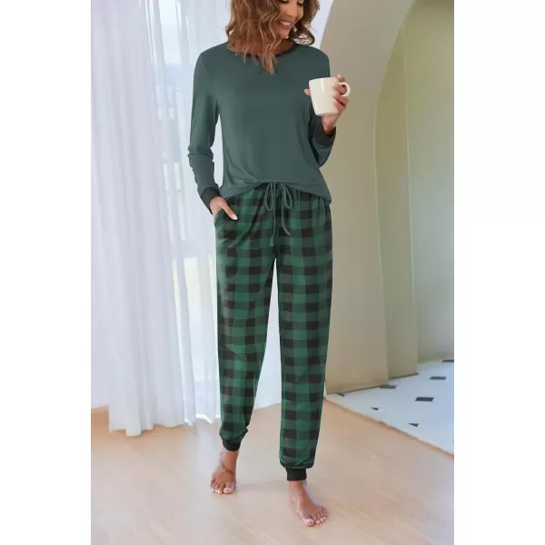 imageEkouaer Pajamas Set for Women Long Sleeve Crew Neck Comfy Pjs Lounge Sets With PocketsGreen Plaid