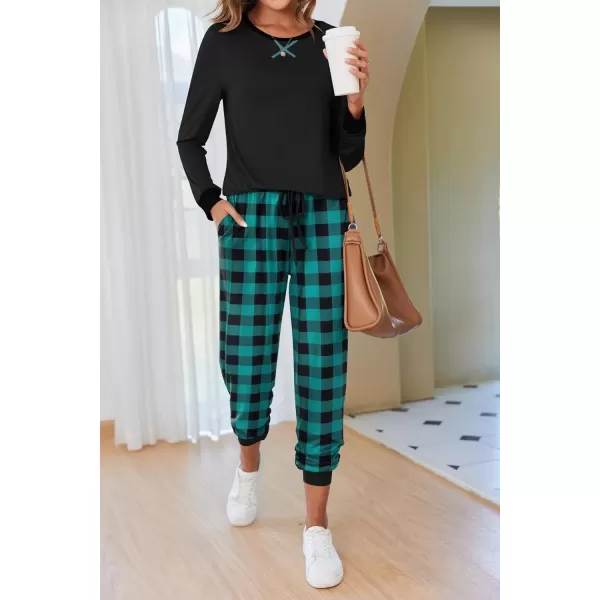 imageEkouaer Pajamas Set for Women Long Sleeve Crew Neck Comfy Pjs Lounge Sets With PocketsGreen and Black Plaid