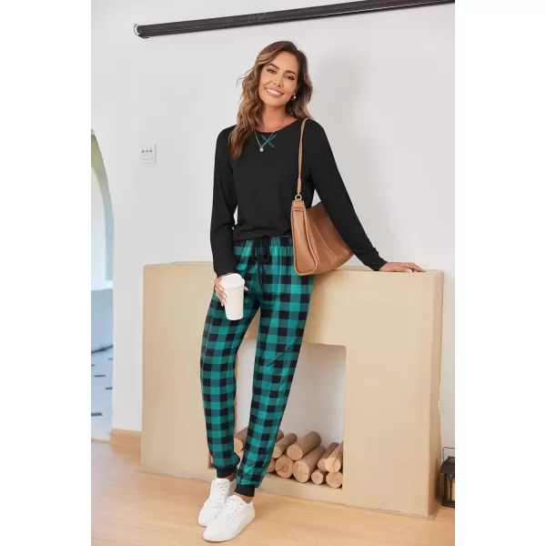 imageEkouaer Pajamas Set for Women Long Sleeve Crew Neck Comfy Pjs Lounge Sets With PocketsGreen and Black Plaid