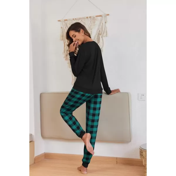 imageEkouaer Pajamas Set for Women Long Sleeve Crew Neck Comfy Pjs Lounge Sets With PocketsGreen and Black Plaid