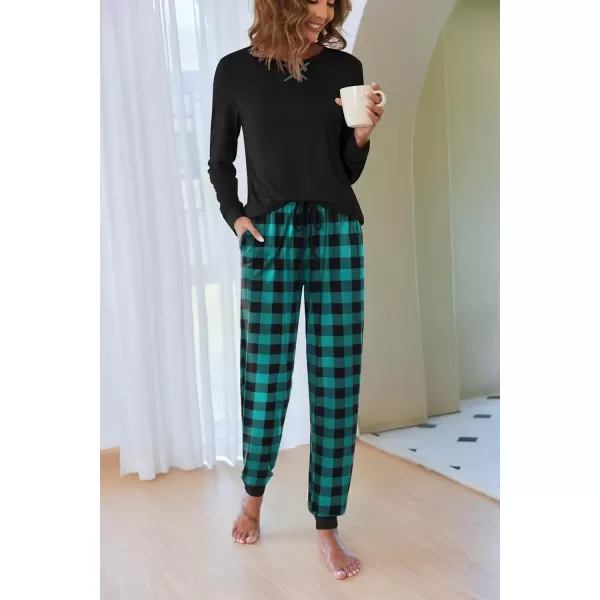 imageEkouaer Pajamas Set for Women Long Sleeve Crew Neck Comfy Pjs Lounge Sets With PocketsGreen and Black Plaid