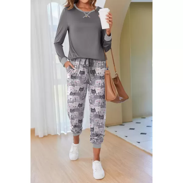 imageEkouaer Pajamas Set for Women Long Sleeve Crew Neck Comfy Pjs Lounge Sets With PocketsGrey Cat
