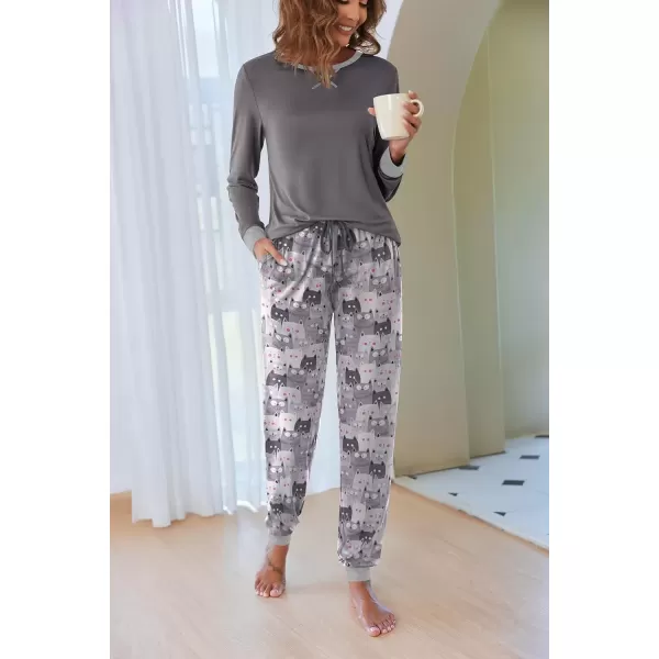 imageEkouaer Pajamas Set for Women Long Sleeve Crew Neck Comfy Pjs Lounge Sets With PocketsGrey Cat