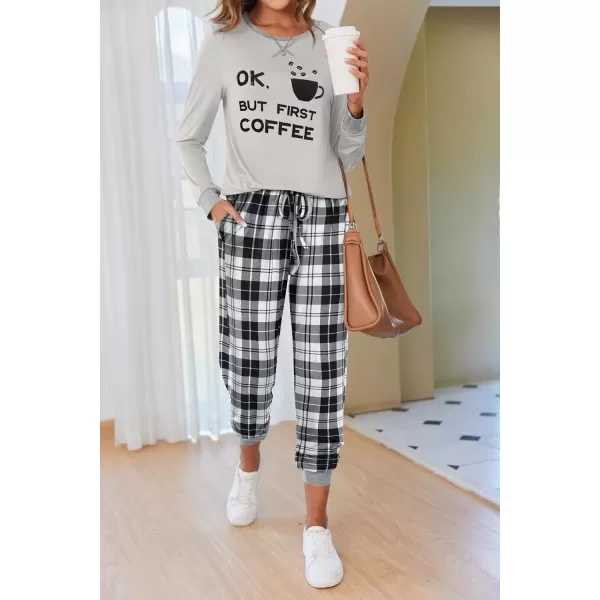 imageEkouaer Pajamas Set for Women Long Sleeve Crew Neck Comfy Pjs Lounge Sets With PocketsGrey Plaid