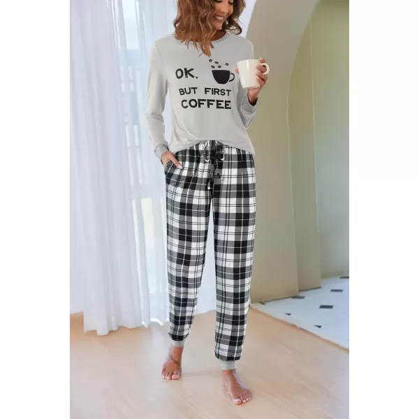 imageEkouaer Pajamas Set for Women Long Sleeve Crew Neck Comfy Pjs Lounge Sets With PocketsGrey Plaid
