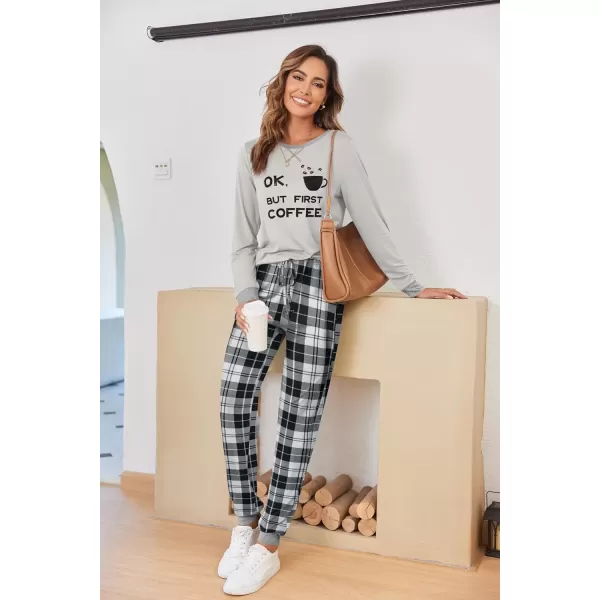 imageEkouaer Pajamas Set for Women Long Sleeve Crew Neck Comfy Pjs Lounge Sets With PocketsGrey Plaid