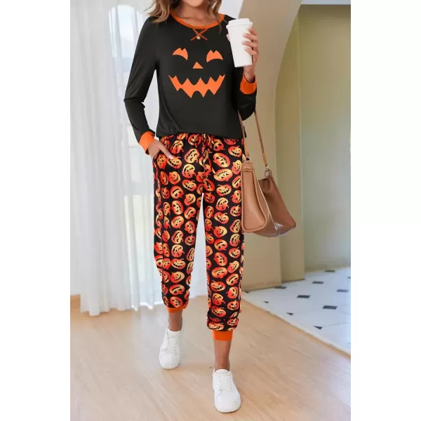 imageEkouaer Pajamas Set for Women Long Sleeve Crew Neck Comfy Pjs Lounge Sets With PocketsHalloween Print