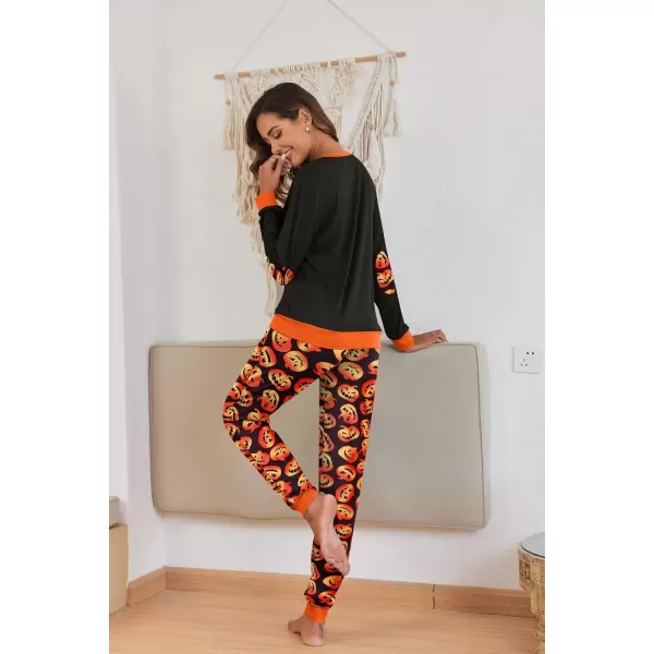 imageEkouaer Pajamas Set for Women Long Sleeve Crew Neck Comfy Pjs Lounge Sets With PocketsHalloween Print