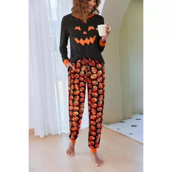 imageEkouaer Pajamas Set for Women Long Sleeve Crew Neck Comfy Pjs Lounge Sets With PocketsHalloween Print