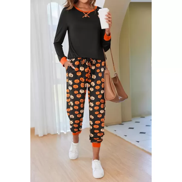 imageEkouaer Pajamas Set for Women Long Sleeve Crew Neck Comfy Pjs Lounge Sets With PocketsHalloween Pumpkin Print