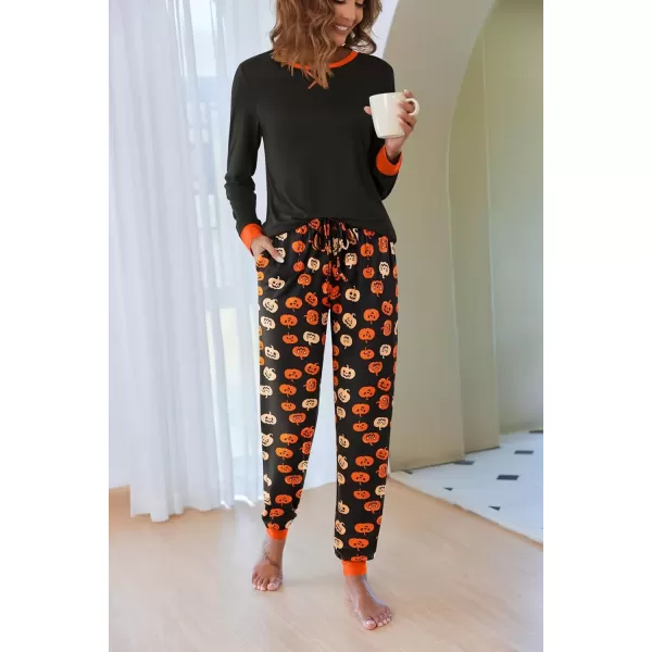 imageEkouaer Pajamas Set for Women Long Sleeve Crew Neck Comfy Pjs Lounge Sets With PocketsHalloween Pumpkin Print