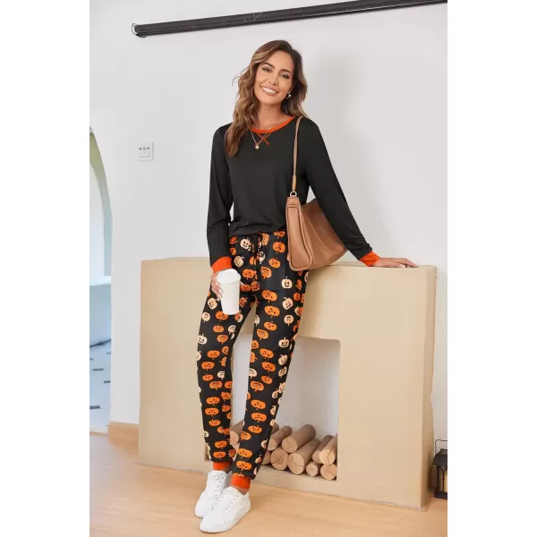 imageEkouaer Pajamas Set for Women Long Sleeve Crew Neck Comfy Pjs Lounge Sets With PocketsHalloween Pumpkin Print