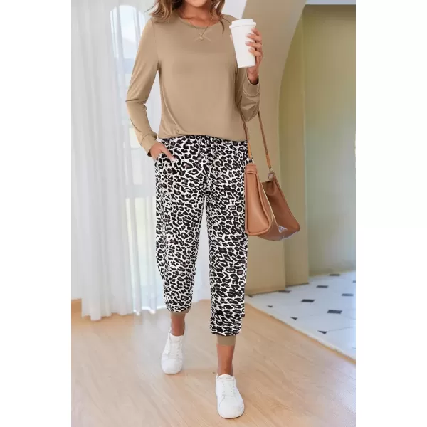 imageEkouaer Pajamas Set for Women Long Sleeve Crew Neck Comfy Pjs Lounge Sets With PocketsKhaki Leopard