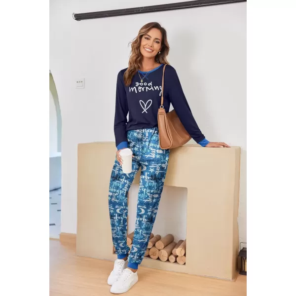 imageEkouaer Pajamas Set for Women Long Sleeve Crew Neck Comfy Pjs Lounge Sets With PocketsNavy Blue Cartoon