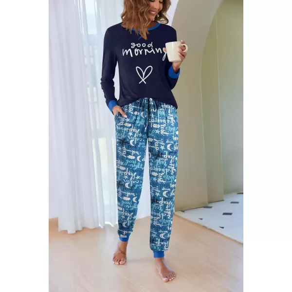 imageEkouaer Pajamas Set for Women Long Sleeve Crew Neck Comfy Pjs Lounge Sets With PocketsNavy Blue Cartoon