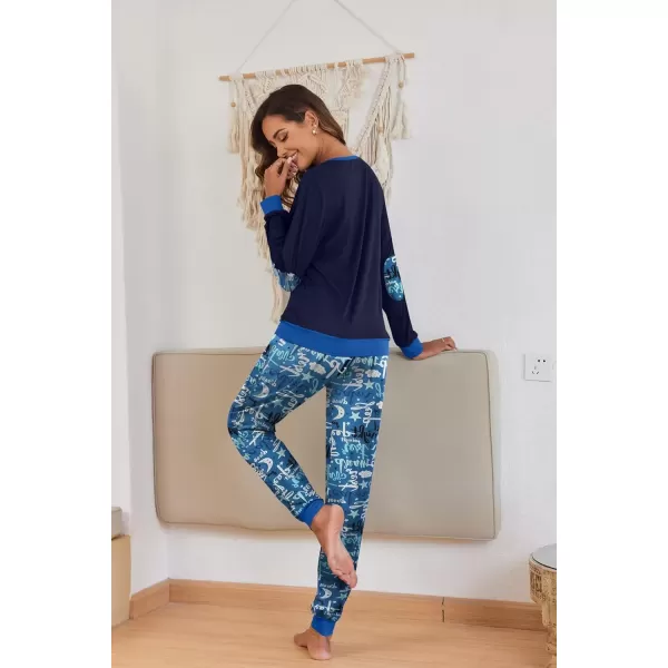 imageEkouaer Pajamas Set for Women Long Sleeve Crew Neck Comfy Pjs Lounge Sets With PocketsNavy Blue Cartoon
