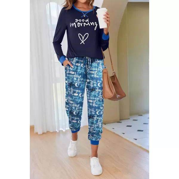 imageEkouaer Pajamas Set for Women Long Sleeve Crew Neck Comfy Pjs Lounge Sets With PocketsNavy Blue Cartoon