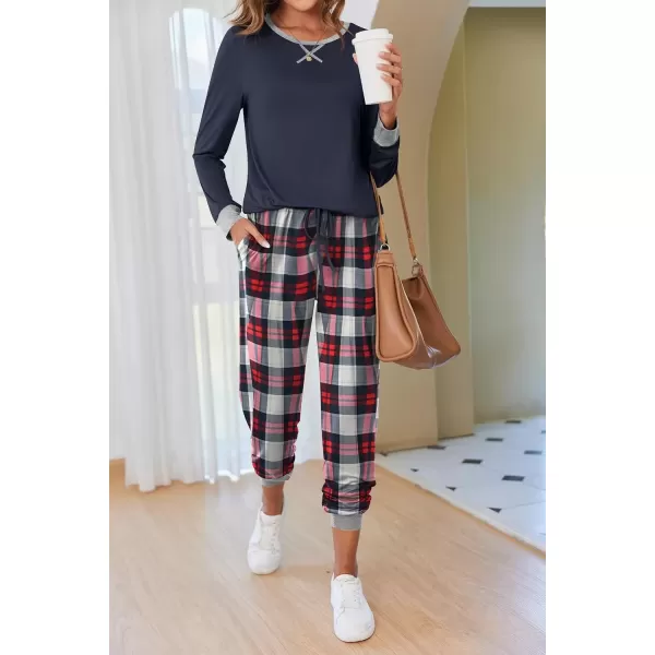 imageEkouaer Pajamas Set for Women Long Sleeve Crew Neck Comfy Pjs Lounge Sets With PocketsNavy Plaid