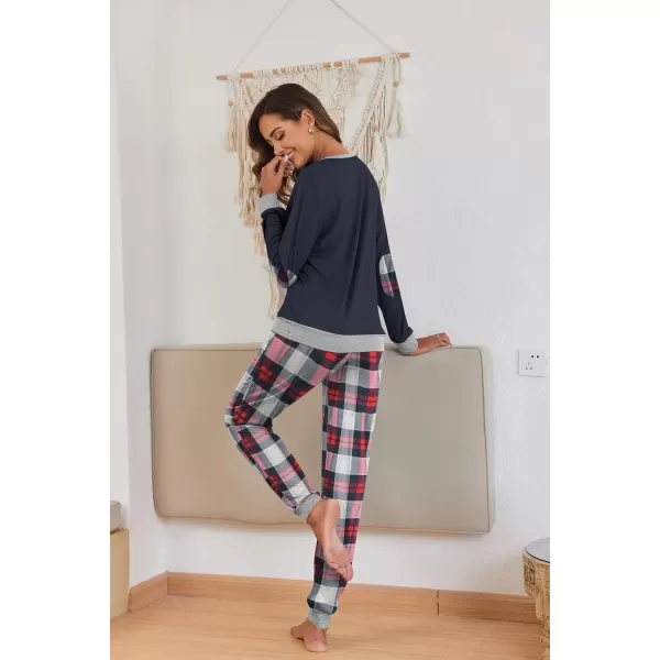 imageEkouaer Pajamas Set for Women Long Sleeve Crew Neck Comfy Pjs Lounge Sets With PocketsNavy Plaid