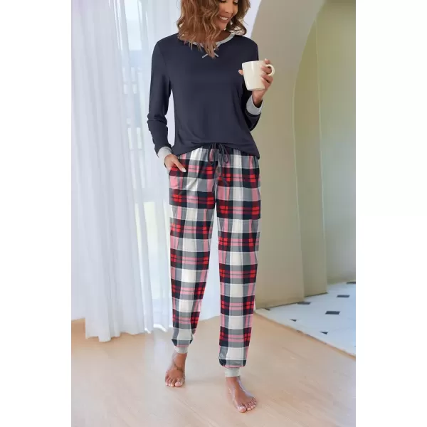 imageEkouaer Pajamas Set for Women Long Sleeve Crew Neck Comfy Pjs Lounge Sets With PocketsNavy Plaid