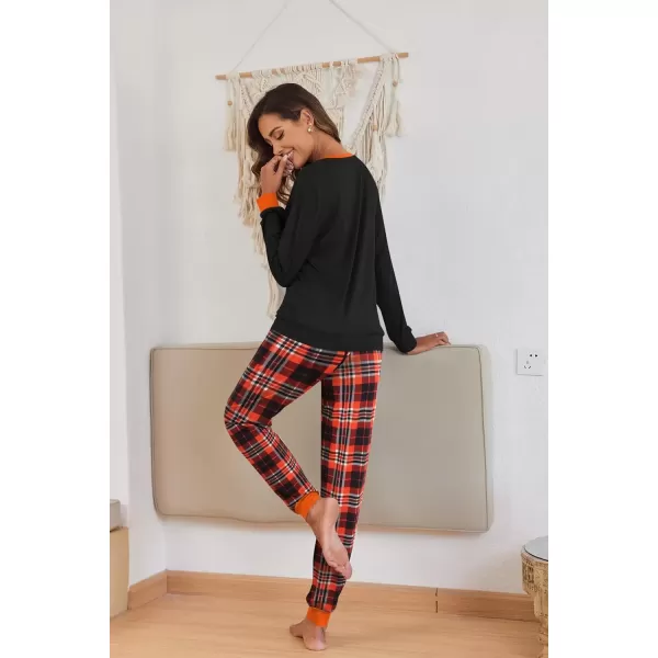imageEkouaer Pajamas Set for Women Long Sleeve Crew Neck Comfy Pjs Lounge Sets With PocketsOrange Plaid