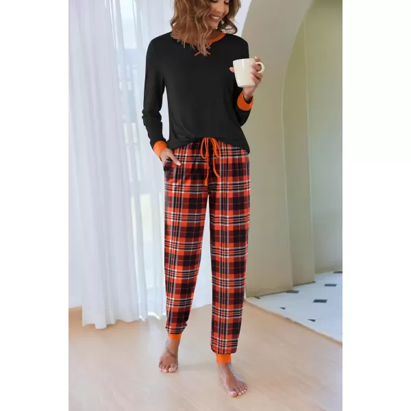 imageEkouaer Pajamas Set for Women Long Sleeve Crew Neck Comfy Pjs Lounge Sets With PocketsOrange Plaid