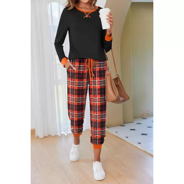 imageEkouaer Pajamas Set for Women Long Sleeve Crew Neck Comfy Pjs Lounge Sets With PocketsOrange Plaid
