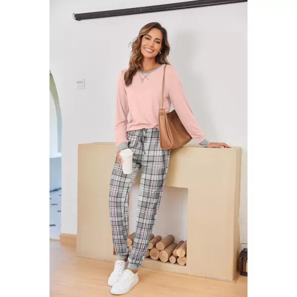 imageEkouaer Pajamas Set for Women Long Sleeve Crew Neck Comfy Pjs Lounge Sets With PocketsPink Grey Plaid