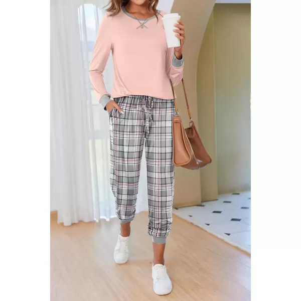 imageEkouaer Pajamas Set for Women Long Sleeve Crew Neck Comfy Pjs Lounge Sets With PocketsPink Grey Plaid