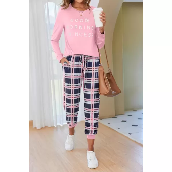 imageEkouaer Pajamas Set for Women Long Sleeve Crew Neck Comfy Pjs Lounge Sets With PocketsPink Plaid