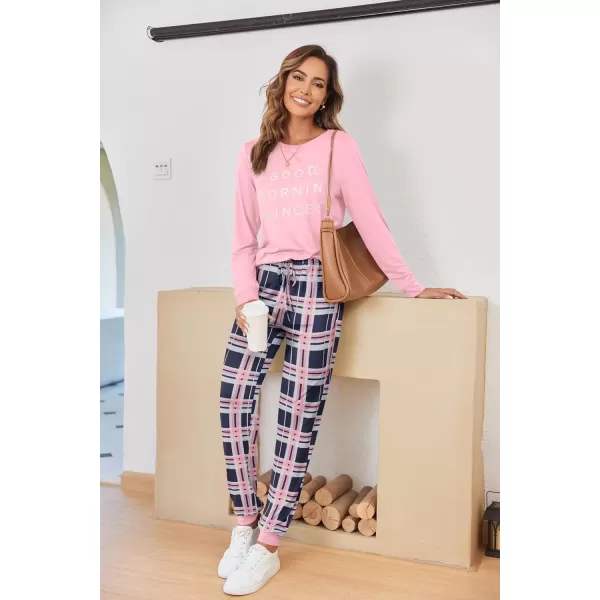imageEkouaer Pajamas Set for Women Long Sleeve Crew Neck Comfy Pjs Lounge Sets With PocketsPink Plaid