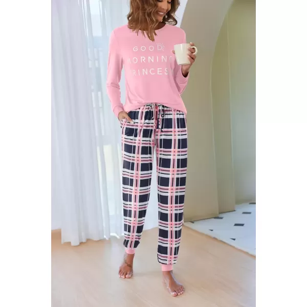 imageEkouaer Pajamas Set for Women Long Sleeve Crew Neck Comfy Pjs Lounge Sets With PocketsPink Plaid