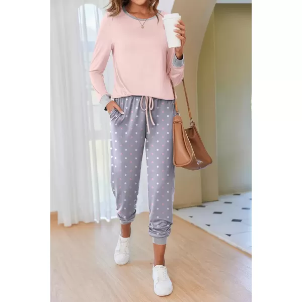 imageEkouaer Pajamas Set for Women Long Sleeve Crew Neck Comfy Pjs Lounge Sets With PocketsPink Polka Dots