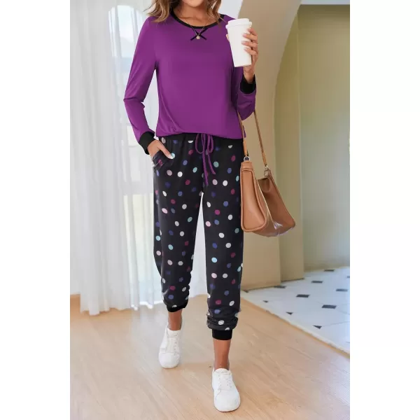 imageEkouaer Pajamas Set for Women Long Sleeve Crew Neck Comfy Pjs Lounge Sets With PocketsPurple Polka Dots